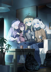 Rule 34 | 4girls, ahoge, alternate costume, antenna hair, backpack, bag, blonde hair, braid, clenched hands, closed eyes, closed mouth, commentary request, controller, couch, cup, game controller, green eyes, hair ornament, highres, hood, hoodie, indoors, kizuna akari, multiple girls, open mouth, pants, plant, playing games, pointing, potted plant, purple hair, shirt, short hair with long locks, sitting, sweat, tablet pc, tears, television, touhoku kiritan, tsurumaki maki, twin braids, vocaloid, voiceroid, wavy mouth, white hair, yamamomo (plank), yuzuki yukari