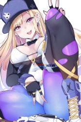 Rule 34 | 1girl, air jordan, alternate costume, ass, baseball cap, black gloves, black pantyhose, blonde hair, bow, bowtie, breasts, covered navel, detached collar, ear piercing, earrings, fingerless gloves, foreground text, gloves, gradient hair, half gloves, hat, hot vr, jewelry, kitagawa marin, leotard, lips, long hair, looking at viewer, medium breasts, multicolored hair, open mouth, pantyhose, patreon username, piercing, pixiv username, purple pantyhose, red eyes, red hair, shoes, signature, sneakers, solo, sono bisque doll wa koi wo suru, spread legs, strapless, strapless leotard, swept bangs, thighhighs, thighs, torn clothes, torn legwear, v, white leotard