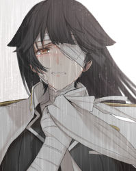 Rule 34 | 1944, 1girl, azur lane, bandage over one eye, black hair, black jacket, blush, brown eyes, clenched teeth, commentary, crying, crying with eyes open, dishwasher1910, english commentary, half-closed eye, hand up, jacket, jacket on shoulders, letterboxed, long hair, looking at viewer, rain, solo, takao (azur lane), tears, teeth, upper body, very long hair, white jacket