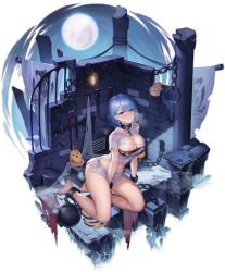 Rule 34 | &gt; &lt;, 1girl, azur lane, barefoot, between legs, bird, black bra, blue eyes, blue hair, bra, breasts, chain, chain leash, chapayev (azur lane), chapayev (the captive cavalier) (azur lane), chick, cleavage, collarbone, cuffs, flag, full moon, grey shirt, gujianshaonu, hair over one eye, handcuffs, highres, lamp, large breasts, leash, looking at viewer, manjuu (azur lane), midriff, mole, mole on breast, moon, official alternate costume, official art, prison, restrained, shirt, short hair, short sleeves, sitting, smile, solo, sweat, thighs, torn clothes, torn shirt, transparent background, underwear