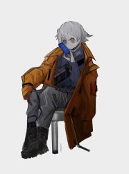 Rule 34 | 052 (saniiiwan), 1boy, black footwear, blue sweater, boots, coat, combat boots, grey background, grey eyes, grey pants, highres, holding, holding phone, male focus, open clothes, open coat, orange coat, original, pants, phone, short hair, simple background, sitting, solo, stool, sweater, white hair