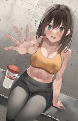 Rule 34 | 1girl, bare arms, blush, breasts, brown hair, cleavage, commentary request, grey eyes, grey pants, hair between eyes, hand up, highres, kureha (ironika), large breasts, looking at viewer, midriff, navel, open hand, open mouth, orange sports bra, original, pants, short hair, sitting, solo, sports bra, stomach, sweat, tile wall, tiles, tsubasa (kureha), tumbler, yoga pants