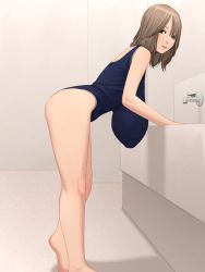 Rule 34 | 1girl, artist request, bare shoulders, breasts, brown hair, female focus, gigantic breasts, hanging breasts, highres, huge breasts, impossible clothes, long legs, looking at viewer, neko jarashi, sagging breasts, solo, standing, swimsuit, wide hips