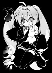 Rule 34 | 1girl, ahoge, bare shoulders, blush stickers, boots, breasts, collared shirt, detached sleeves, greyscale, hair between eyes, hair intakes, hands up, hatsune miku, highres, jihecchi, long hair, long sleeves, looking at viewer, medium breasts, miniskirt, monochrome, musical note, necktie, open mouth, pleated skirt, shirt, shoulder tattoo, simple background, single blush sticker, sitting, skirt, sleeveless, sleeveless shirt, sleeves past fingers, sleeves past wrists, smile, solo, spring onion, tattoo, thigh boots, twintails, very long hair, vocaloid, wariza, wide-eyed