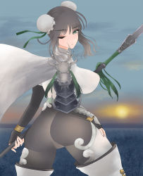 Rule 34 | 1girl, ass, black hair, blush, bodysuit, boots, breasts, bun cover, cape, chinese clothes, double bun, fate/grand order, fate (series), fingerless gloves, gloves, green eyes, hair bun, highres, huge ass, large breasts, looking at viewer, looking back, ninja, one eye closed, pants, polearm, qin liangyu (fate), qui, shiny clothes, short hair, sideboob, skin tight, solo, spear, squatting, standing, tight clothes, tight pants, weapon, white bodysuit, wink