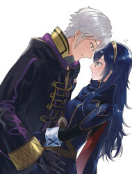 Rule 34 | 1boy, 1girl, ameno (a meno0), armor, belt, black gloves, black robe, blue cape, blue eyes, blue gloves, blue hair, brown belt, cape, closed mouth, commentary request, fire emblem, fire emblem awakening, flying sweatdrops, from side, gloves, height difference, hetero, hood, hood down, hooded robe, long hair, long sleeves, looking at another, lucina (fire emblem), nintendo, pauldrons, profile, red cape, robe, robin (fire emblem), robin (male) (fire emblem), short hair, shoulder armor, simple background, tiara, two-tone cape, white background, white hair, yellow eyes