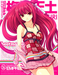 Rule 34 | 1girl, bare shoulders, beatmania, beatmania iidx, belt, blush, breasts, camisole, checkered clothes, checkered shirt, cleavage, collarbone, copyright name, hair tubes, headphones, kinoshita ichi, large breasts, long hair, looking at viewer, multicolored stripes, pink hair, pink skirt, plaid, pleated skirt, red eyes, red hair, shirt, sideboob, skirt, smile, solo, standing, star (symbol), star print, striped, two side up, umegiri ameto, undressing