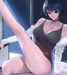 Rule 34 | 1girl, black hair, black one-piece swimsuit, blunt bangs, breasts, choker, coat, feet out of frame, jewelry, lab coat, large breasts, leg up, nail polish, necklace, one-piece swimsuit, open clothes, open coat, persona, persona 5, red eyes, red nails, spiked choker, spikes, studded choker, swimsuit, takemi tae, tommy (kingdukeee)