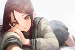 Rule 34 | 1girl, bed sheet, blurry, closed mouth, depth of field, eyelashes, grey skirt, hair ornament, hair over one eye, hair strand, hairclip, hand on own arm, long hair, long sleeves, looking at viewer, love live!, love live! school idol project, lying, miniskirt, modare, on bed, on stomach, outstretched arm, pleated skirt, red hair, sakurauchi riko, school uniform, serafuku, skirt, smile, solo, white background, yellow eyes