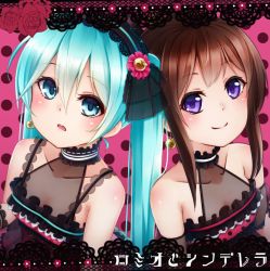 Rule 34 | 2girls, bang dream!, bare shoulders, black hairband, blue eyes, blue hair, blush, border, breasts, brown hair, closed mouth, collarbone, commentary request, dress, earrings, flower, hair between eyes, hairband, halter dress, halterneck, hatsune miku, hot kakigoori, jewelry, lace, lace-trimmed hairband, lace border, lace trim, long hair, multiple girls, ornate border, parted lips, pink background, polka dot, polka dot background, polka dot dress, purple eyes, red dress, red flower, red rose, rose, see-through, sidelocks, sleeveless, sleeveless dress, small breasts, smile, striped clothes, striped hairband, toyama kasumi, translation request, twintails, vocaloid