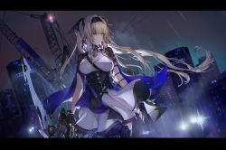 Rule 34 | 1girl, bianca (punishing: gray raven), black gloves, blonde hair, bow (weapon), breasts, building, city, closed mouth, commentary request, cowboy shot, crane (machine), dress, gloves, headgear, highres, holding, holding bow (weapon), holding weapon, letterboxed, long hair, necktie, night, noir (ibaraki), outdoors, partially fingerless gloves, punishing: gray raven, rain, short necktie, skyscraper, solo, weapon, white dress, yellow eyes