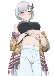 Rule 34 | absurdres, black nails, black shirt, bracelet, byeon dha, crop top, earrings, highres, hololive, hololive indonesia, jewelry, midriff, nail polish, navel, pants, pavolia reine, scarf, shirt, short hair, simple background, tagme, virtual youtuber, white background, white pants