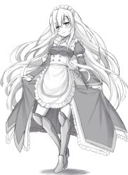 Rule 34 | 1girl, apron, blush, boots, breasts, closed mouth, copyright request, floating hair, greyscale, juliet sleeves, knee boots, long hair, long sleeves, looking at viewer, maid, maid apron, maid headdress, medium breasts, monochrome, puffy sleeves, simple background, skirt hold, smile, solo, standing, tonee, very long hair, waist apron, white background