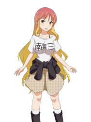 Rule 34 | 1girl, :d, alternate costume, beige skirt, black footwear, blonde hair, boots, bra strap, breasts, brown hair, cato (monocatienus), clothes around waist, clothes writing, commentary, contemporary, gradient hair, hijiri byakuren, knee boots, kneehighs, long hair, looking at viewer, medium breasts, multicolored hair, namusanbou, open mouth, plaid, plaid skirt, shirt, short sleeves, simple background, skirt, smile, socks, solo, touhou, translated, unmoving pattern, very long hair, wavy hair, white background, white socks, white shirt, yellow eyes