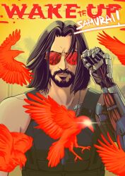 1boy beard bird black_hair bulletproof_vest cyberpunk_(series) cyberpunk_2077 dilara_ozden english_text facial_hair highres johnny_silverhand looking_at_viewer mechanical_arms red-tinted_eyewear red_bird single_mechanical_arm solo sunglasses tinted_eyewear upper_body