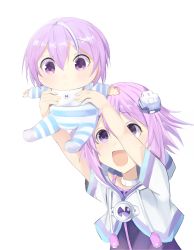 Rule 34 | absurdres, baby, bimmy, breasts, child, choker, hair ornament, hairclip, happy, highres, hood, hoodie, jersey, jersey dress, neptune (neptunia), neptune (series), open mouth, purple eyes, purple hair, short hair, small breasts