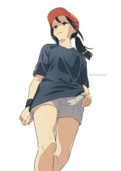 Rule 34 | 1girl, anime coloring, artist name, black hair, blue shirt, closed mouth, commentary request, feet out of frame, from below, grey eyes, grey shorts, hair tie, hat, highres, ichimi renge, long hair, looking away, orange hat, original, pleated shorts, ponytail, shirt, short sleeves, shorts, sidelocks, simple background, smile, solo, t-shirt, twitter username, white background, wristband