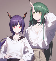 Rule 34 | 2girls, absurdres, alternate costume, alternate hairstyle, arknights, beudelb, black choker, breasts, brown background, brown skirt, ch&#039;en (arknights), choker, cleavage, closed mouth, collarbone, dragon horns, green hair, highres, horns, hoshiguma (arknights), jewelry, long hair, long sleeves, looking at viewer, low ponytail, multiple girls, necklace, purple hair, red eyes, shirt, simple background, single horn, skin-covered horns, skirt, upper body, very long hair, white shirt, yellow eyes
