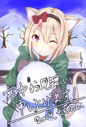 Rule 34 | 1girl, 96tuki, animal ears, cat ears, cat tail, coat, fang, hair ornament, hairband, highres, light brown hair, looking at viewer, mittens, one eye closed, original, pink eyes, scarf, short hair, snow, snowman, solo, tail, text focus, translation request