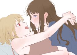 Rule 34 | 2girls, after kiss, arms around neck, bare arms, blonde hair, blue shirt, blush, brown hair, commentary, earrings, girl on top, highres, inoue takina, jewelry, long hair, lycoris recoil, lying, medium hair, multiple girls, nishikigi chisato, on back, on bed, purple eyes, red shirt, saliva, saliva trail, shiratama draw, shirt, short sleeves, simple background, sleeveless, sleeveless shirt, tongue, tongue out, white background, yuri
