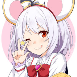 Rule 34 | 1girl, animal ears, blush, bow, brooch, commentary request, fake animal ears, felutiahime, gem, granblue fantasy, hair ornament, heart, heart brooch, highres, jewelry, long sleeves, looking at viewer, mouse ears, one eye closed, red bow, red eyes, shirt, short hair, smile, solo, tongue, tongue out, vikala (granblue fantasy), w, white shirt