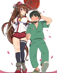 Rule 34 | 10s, 1boy, 1girl, artist self-insert, asymmetrical legwear, bad id, bad pixiv id, black hair, blush, breasts, brown hair, commentary request, height difference, highres, hip vent, jewelry, kantai collection, large breasts, long hair, miniskirt, oil-paper umbrella, panties, pink panties, ponytail, red eyes, revision, ring, shin&#039;en-san (shin&#039;en), shin&#039;en (gyokuro company), short hair, simple background, single thighhigh, skirt, tall female, thighhighs, umbrella, underwear, uneven legwear, wedding band, white background, yamato (kancolle)