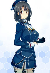 Rule 34 | 10s, 1girl, amami amayu, black gloves, black hair, blush, breasts, garter straps, gloves, hat, kantai collection, large breasts, long hair, military, military uniform, personification, red eyes, smile, solo, standing, takao (kancolle), uniform