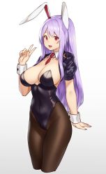Rule 34 | 1girl, :d, alternate costume, animal ears, breasts, brown pantyhose, cleavage, cropped legs, detached collar, fake animal ears, gradient background, highres, houtengeki, large breasts, leotard, long hair, looking at viewer, necktie, open mouth, pantyhose, playboy bunny, purple hair, rabbit ears, red eyes, reisen udongein inaba, short necktie, sidelocks, simple background, smile, solo, thighs, touhou, v, wrist cuffs
