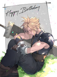 Rule 34 | 1boy, armor, blonde hair, blue pants, blue sweater, boots, brown footwear, brown gloves, buster sword, closed eyes, closed mouth, cloud strife, crossed legs, dated, final fantasy, final fantasy vii, final fantasy vii remake, gloves, grass, happy birthday, highres, huge weapon, knees up, male focus, materia, mugikoma, pants, profile, ribbed sweater, short hair, shoulder armor, single bare shoulder, sitting, sleeping, sleeveless, sleeveless turtleneck, solo, spiked hair, suspenders, sweater, sword, turtleneck, turtleneck sweater, weapon
