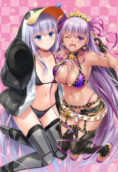 Rule 34 | 2girls, animal hood, armor, bare shoulders, bb (fate), bb (fate) (all), bb (swimsuit mooncancer) (fate), bb (swimsuit mooncancer) (second ascension) (fate), bead bracelet, beads, belt, bikini, black bikini, black gloves, black jacket, black legwear, blue bow, blue eyes, blush, bow, bracelet, breasts, checkered background, choker, cleavage, collarbone, earrings, fate/grand order, fate (series), fingerless gloves, garter belt, gloves, greaves, hair between eyes, hair ornament, hair ribbon, hairband, hood, jacket, jewelry, large breasts, long hair, long sleeves, looking at viewer, meltryllis, meltryllis (fate), meltryllis (swimsuit lancer) (fate), meltryllis (swimsuit lancer) (first ascension) (fate), micro shorts, multiple girls, nail polish, nakajima yuka, navel, neck ribbon, one eye closed, open clothes, open jacket, open mouth, penguin hood, pink background, prosthesis, prosthetic leg, purple bikini, purple eyes, purple hair, purple ribbon, ribbon, sandals, shorts, sleeves past fingers, sleeves past wrists, small breasts, smile, star (symbol), star earrings, star hair ornament, studded garter belt, swimsuit, tan, thighhighs, thighs, v, very long hair, white belt