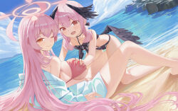 Rule 34 | 2girls, absurdres, akipopopopoon, beach, bikini, black bikini, black wings, blue archive, blush, breasts, closed mouth, collarbone, commentary request, day, flat chest, floral print, grabbing, grabbing another&#039;s breast, hair between eyes, halo, hanako (blue archive), hanako (swimsuit) (blue archive), head wings, highres, koharu (blue archive), koharu (swimsuit) (blue archive), large breasts, long hair, multiple girls, ocean, official alternate costume, one eye closed, open mouth, outdoors, pink hair, pink halo, print bikini, red bikini, swimsuit, wings, yellow eyes