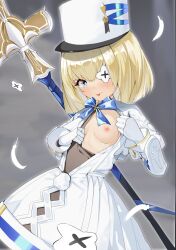 Rule 34 | 1girl, azur lane, blonde hair, blue bow, blue eyes, blush, bob cut, bodysuit, bodysuit aside, bodysuit under clothes, bow, bowtie, breasts, breasts apart, chinese commentary, clothing aside, commentary request, dress, dress aside, eyepatch, falling feathers, feathers, gauntlets, hat, highres, le terrible (azur lane), long sleeves, looking at viewer, nipples, polearm, saliva, saliva trail, shako cap, short hair, small breasts, solo, spear, standing, tongue, tongue out, upper body, weapon, white dress, xiuluoniqia
