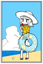Rule 34 | 1girl, beach, black shorts, blue sky, border, character request, cloud, collarbone, colored skin, commentary request, copyright request, day, ear piercing, flip-flops, food, full body, hat, hawaiian shirt, highres, holding, holding food, holding popsicle, holding swim ring, hot, innertube, jitome, kani beam, long hair, ocean, open mouth, piercing, popsicle, sand, sandals, seashell, shell, shirt, short sleeves, shorts, sidelocks, sky, solo, standing, sun hat, sweatdrop, swim ring, v-shaped eyebrows, watermelon bar, white border, white hair, white skin, yellow shirt