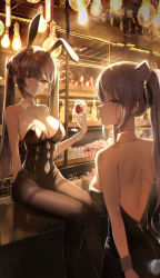 Rule 34 | 2girls, absurdres, animal ears, arms behind back, bar (place), bare shoulders, black leotard, breasts, brown hair, brown pantyhose, chabi, clothing cutout, collar, collarbone, cup, detached collar, drinking glass, genshin impact, green eyes, grey hair, hanging light, high ponytail, highres, holding, holding cup, indoors, keqing (genshin impact), large breasts, leotard, long hair, looking at viewer, mona (genshin impact), multiple girls, navel cutout, open mouth, pantyhose, playboy bunny, rabbit ears, rabbit tail, sidelocks, sitting, sitting on table, smile, standing, strapless, strapless leotard, tail, teeth, white collar, wine glass, yellow eyes