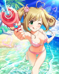 Rule 34 | 10s, 1girl, ;p, ahoge, artist request, beach, bikini, blonde hair, blush, breasts, cleavage, green eyes, hair ornament, heart, heart ahoge, idolmaster, idolmaster cinderella girls, lens flare, light brown hair, long hair, official art, one eye closed, outdoors, palm tree, sand, sato shin, smile, solo, sparkle, swimsuit, tongue, tongue out, tree, twintails, water, water gun