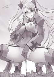 Rule 34 | 1girl, ahoge, armpit cutout, azur lane, blush, boots, breasts, breasts out, censored, city, clothing cutout, commission, female masturbation, garter straps, giant, giantess, gloves, hair ornament, heart, highres, large breasts, licking lips, long hair, long sleeves, looking at viewer, masturbation, monochrome, mosaic censoring, nipples, no panties, outdoors, prinz eugen (azur lane), grabbing own breast, seo tatsuya, solo, spoken heart, thigh boots, thighhighs, tongue, tongue out, twintails, wide sleeves