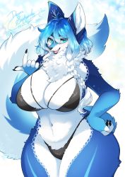 Rule 34 | 1girl, ahoge, animal ears, animal hands, animal nose, artist name, asymmetrical hair, bare shoulders, beckoning, bikini, black bikini, blue background, blue eyes, blue eyeshadow, blue fur, blue hair, blue theme, blurry, blurry background, body fur, braid, breasts, claws, cleavage, commission, cowboy shot, english text, eyeshadow, fangs, female focus, furry, furry female, gradient hair, hair between eyes, hand on own hip, hand up, happy, highres, hip focus, huge breasts, index finger raised, long hair, looking at viewer, makeup, multicolored hair, navel, neck fur, open mouth, original, pawpads, sharp teeth, shiny skin, sidelocks, signature, single braid, skeb commission, skindentation, smile, snout, solo, standing, stomach, swimsuit, tail, teeth, thank you, thick thighs, thighs, tongue, two-tone fur, two-tone hair, v-shaped eyebrows, white fur, white hair, wide hips, wolf ears, wolf girl, wolf tail, zakro