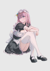Rule 34 | 1girl, absurdres, alternate costume, apron, black dress, black footwear, blue eyes, blush, bocchi the rock!, breasts, cleavage, closed mouth, commentary request, cube hair ornament, dress, enmaided, frilled dress, frills, gotoh hitori, hair ornament, hands on own legs, highres, knees up, large breasts, long hair, looking afar, maid, maid apron, maid headdress, mary janes, peropicnic, pink hair, shoes, short dress, sitting, solo, thighhighs, white thighhighs, zettai ryouiki
