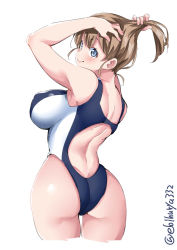 Rule 34 | 1girl, adjusting hair, alternate costume, ass, bare shoulders, blue eyes, blush, breasts, brown hair, closed mouth, competition swimsuit, covered erect nipples, cowboy shot, ebifurya, from behind, hair between eyes, highres, intrepid (kancolle), kantai collection, large breasts, looking at viewer, medium hair, one-piece swimsuit, puffy nipples, simple background, solo, swimsuit, thighs, white background