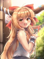 1girl alcohol blush bow bowtie brown_eyes brown_hair brown_horns chain commentary_request cup drunk fang h3p0 hair_bow hands_up highres holding holding_cup horn_ornament horn_ribbon horns ibuki_suika long_hair looking_at_viewer open_mouth outdoors purple_ribbon purple_skirt red_bow red_bowtie ribbon sake shirt sidelocks signature skirt sleeveless sleeveless_shirt smile solo touhou white_shirt wrist_cuffs