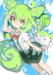 Rule 34 | 1girl, 1other, absurdres, collared shirt, creature and personification, dot mouth, green hair, green shorts, green suspenders, hair between eyes, highres, kaamin (mariarose753), long hair, puffy shorts, red ribbon, ribbon, shirt, shorts, suspenders, voicevox, white shirt, yellow eyes, zundamon