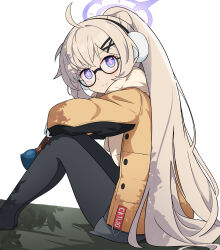 Rule 34 | 1girl, absurdres, ahoge, black-framed eyewear, black pantyhose, blonde hair, blue archive, blush, closed mouth, earmuffs, glasses, halo, highres, jacket, kittenlochen, kotama (blue archive), kotama (camp) (blue archive), legs together, long hair, long sleeves, looking at viewer, official alternate costume, open clothes, open jacket, pantyhose, ponytail, purple eyes, purple halo, sitting, smile, solo, yellow jacket