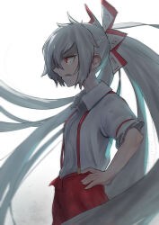 Rule 34 | 1girl, absurdres, bow, breasts, clenched teeth, collared shirt, commentary request, cowboy shot, fujiwara no mokou, hair between eyes, hair bow, hands on own hips, highres, long bangs, long hair, looking afar, pants, ponytail, profile, red eyes, red pants, shirt, simple background, small breasts, solo, sotatsudraw, suspenders, teeth, touhou, very long hair, white background, white bow, white hair, white shirt