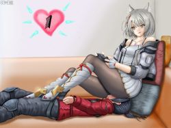 Rule 34 | 1boy, 1girl, animal ears, black hair, black pantyhose, breasts, cat ears, chest jewel, controller, fingerless gloves, game controller, gloves, highres, jacket, lying, mio (xenoblade), neokeiji, nintendo switch pro controller, noah (xenoblade), on back, pantyhose, pillow, ponytail, red jacket, sitting, sitting on face, sitting on person, skirt, small breasts, tank top, white hair, white jacket, white skirt, white tank top, xenoblade chronicles (series), xenoblade chronicles 3, yellow eyes