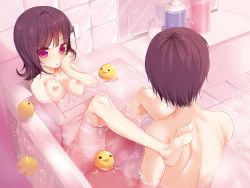 Rule 34 | 1boy, 1girl, barefoot, bath, bathing, bathtub, breasts, brown hair, completely nude, convenient censoring, feet, hand on own cheek, hand on own face, medium breasts, mixed-sex bathing, nakahashi mizuki, nipples, nude, original, purple eyes, rubber duck, shared bathing, spill, tile floor, tile wall, tiles, water