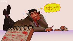 Rule 34 | 1boy, :p, absurdres, ace attorney, bara, black footwear, black pants, brown coat, closed eyes, coat, commentary, dick gumshoe, emoticon, english commentary, english text, engrish text, facial hair, feet up, goatee, heart, highres, holding, holding pencil, kukustar (kukuu), long sleeves, looking at viewer, lying, male focus, necktie, notepad, on stomach, pants, pencil, pink background, ranguage, red necktie, shirt, signature, smile, solo, thought bubble, tongue, tongue out, white shirt