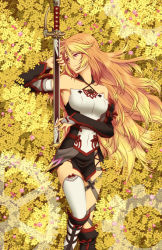 Rule 34 | 1girl, armpits, bare shoulders, blonde hair, lying, milla (fractured), red eyes, solo, sword, tales of (series), tales of xillia, tales of xillia 2, tempyou kango, weapon