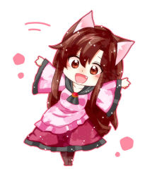 Rule 34 | 1girl, animal ears, blush, brooch, brown hair, chibi, collarbone, dress, fang, highres, imaizumi kagerou, jewelry, long sleeves, looking at viewer, open mouth, red eyes, simple background, solo, tail, totoharu (kujirai minato), touhou, white background, wide sleeves, wolf ears, wolf tail