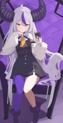 Rule 34 | 1girl, absurdres, ahoge, ankle cuffs, ascot, black dress, black footwear, black nails, blush, braid, closed mouth, commentary request, cup, demon girl, demon horns, detached sleeves, dress, drinking glass, evening rabbit, full body, grey hair, head rest, highres, holding, holding cup, hololive, horns, la+ darknesss, la+ darknesss (1st costume), long hair, long sleeves, looking at viewer, multicolored hair, pantyhose, pointy ears, puffy long sleeves, puffy sleeves, purple hair, purple pantyhose, short dress, sidelocks, single leg pantyhose, sitting, solo, streaked hair, striped horns, very long hair, virtual youtuber, yellow ascot, yellow eyes