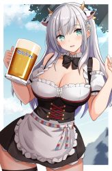 Rule 34 | 1girl, absurdres, alcohol, alternate costume, alternate hairstyle, apron, beer, beer mug, blush, bow, bowtie, breasts, cleavage, copyright name, corset, cow horns, cowboy shot, cup, detached collar, detached sleeves, dress, frilled dress, frills, german clothes, green eyes, highres, holding, holding cup, hololive, horns, large breasts, long hair, maid apron, mug, open mouth, pipin try, shirogane noel, shirogane noel (dirndl), short dress, smile, solo, straight hair, thighhighs, virtual youtuber, white hair, zettai ryouiki